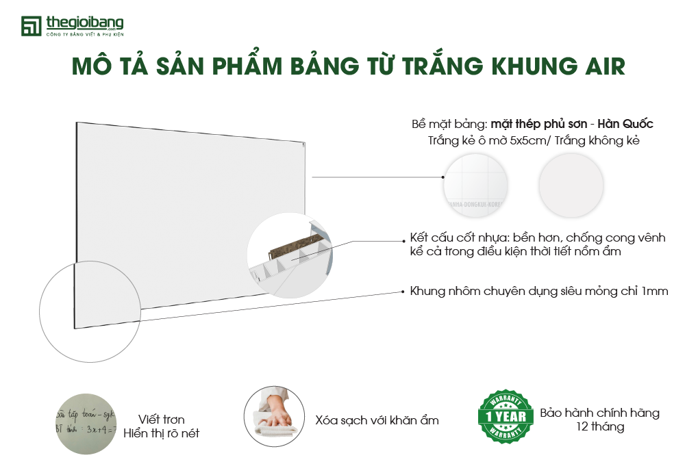 Mô tả sản phẩm bảng từ trắng khung Air