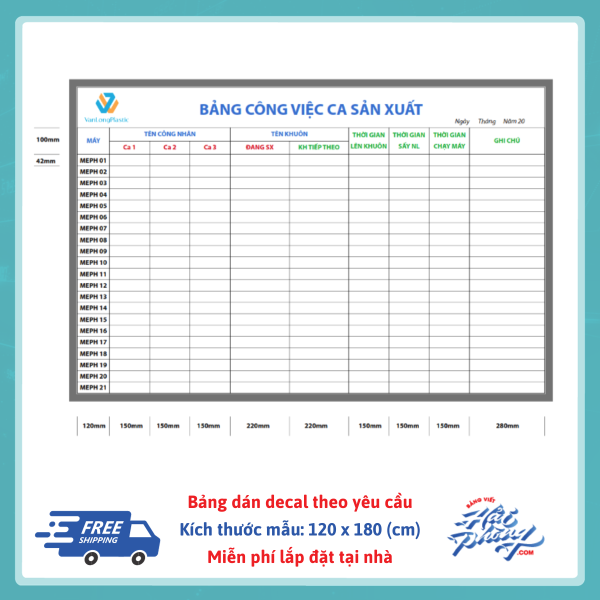 Bang decal bang cong viec ca san xuat