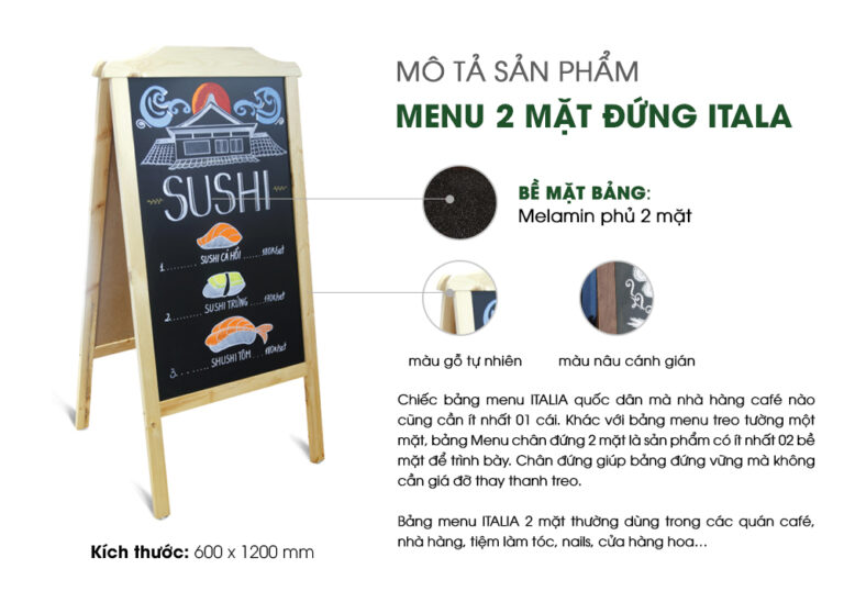 Mô tả sản phẩm Bảng đen menu viết phấn 2 mặt đứng ITALA