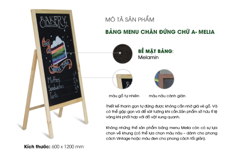 Mô tả sản phẩm bảng đen quán cafe chân đứng 1 mặt MELIA