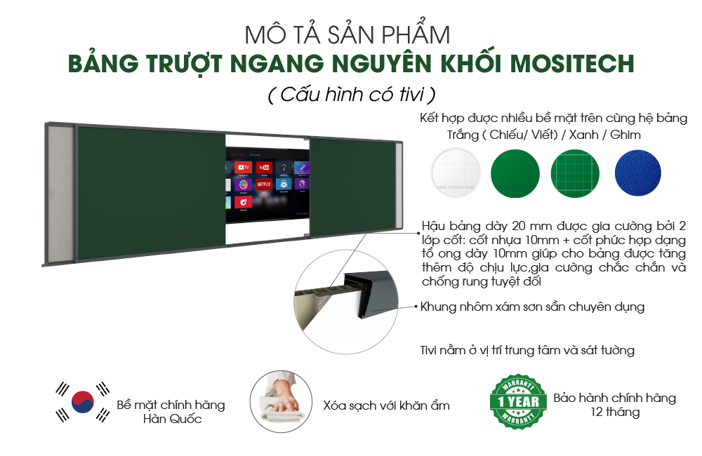Mô tả sản phẩm bảng trượt ngang 2 lớp Mositech SS03