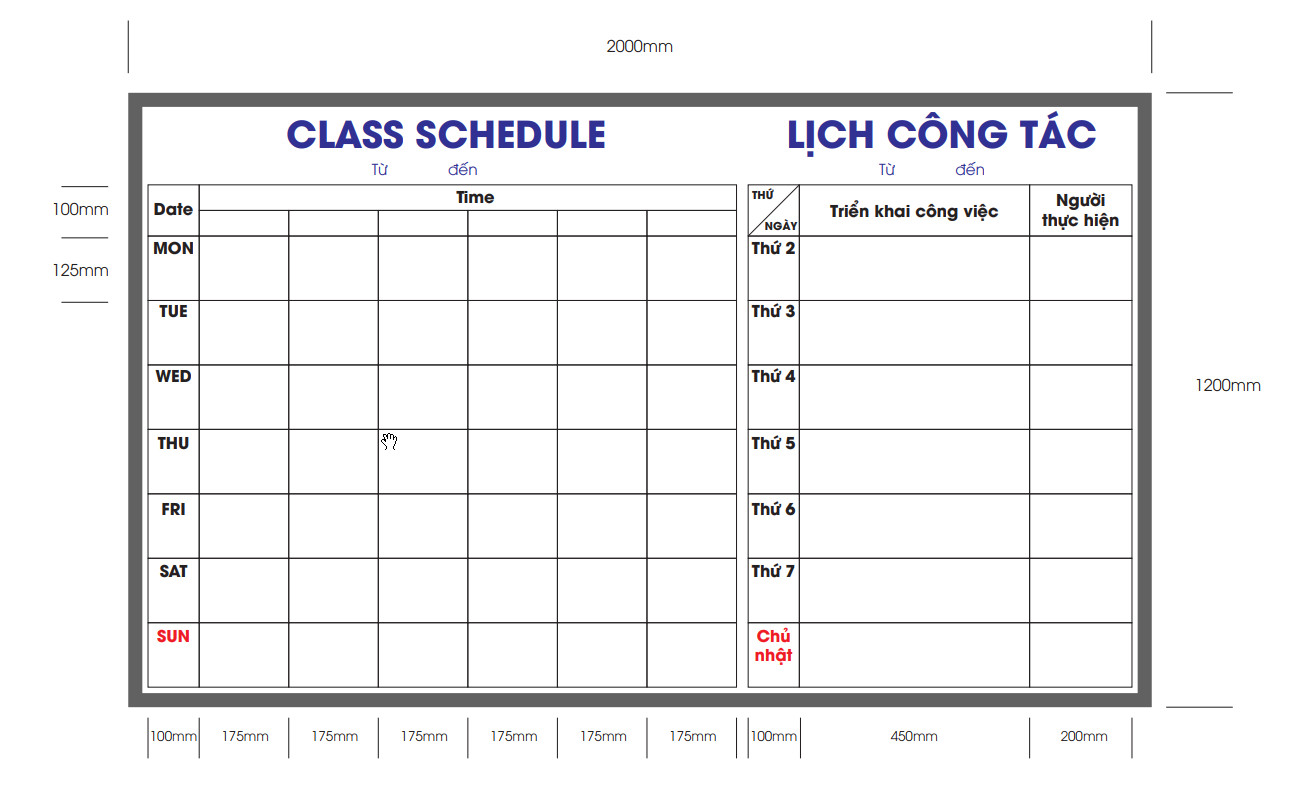 Mẫu thiết kế bảng lịch công tác của lớp học